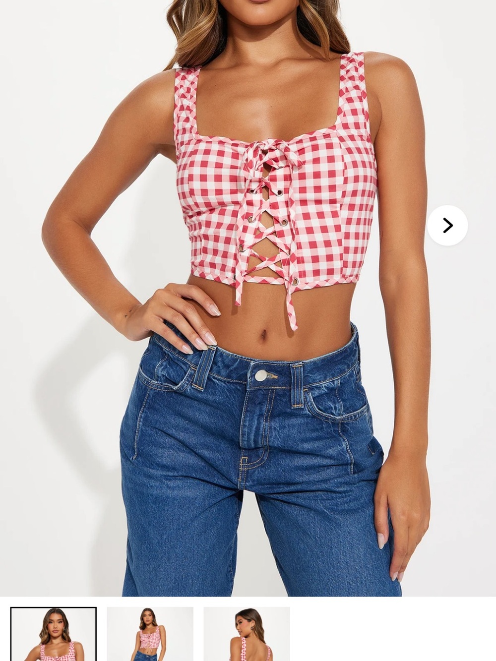 Pink Gingham Lace-Up Crop Top - Women Tops